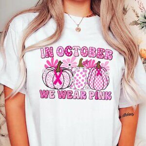 In October We Wear Pink Tshirt, Pink Pumpkin Shirt, Breast Cancer Awareness Tee